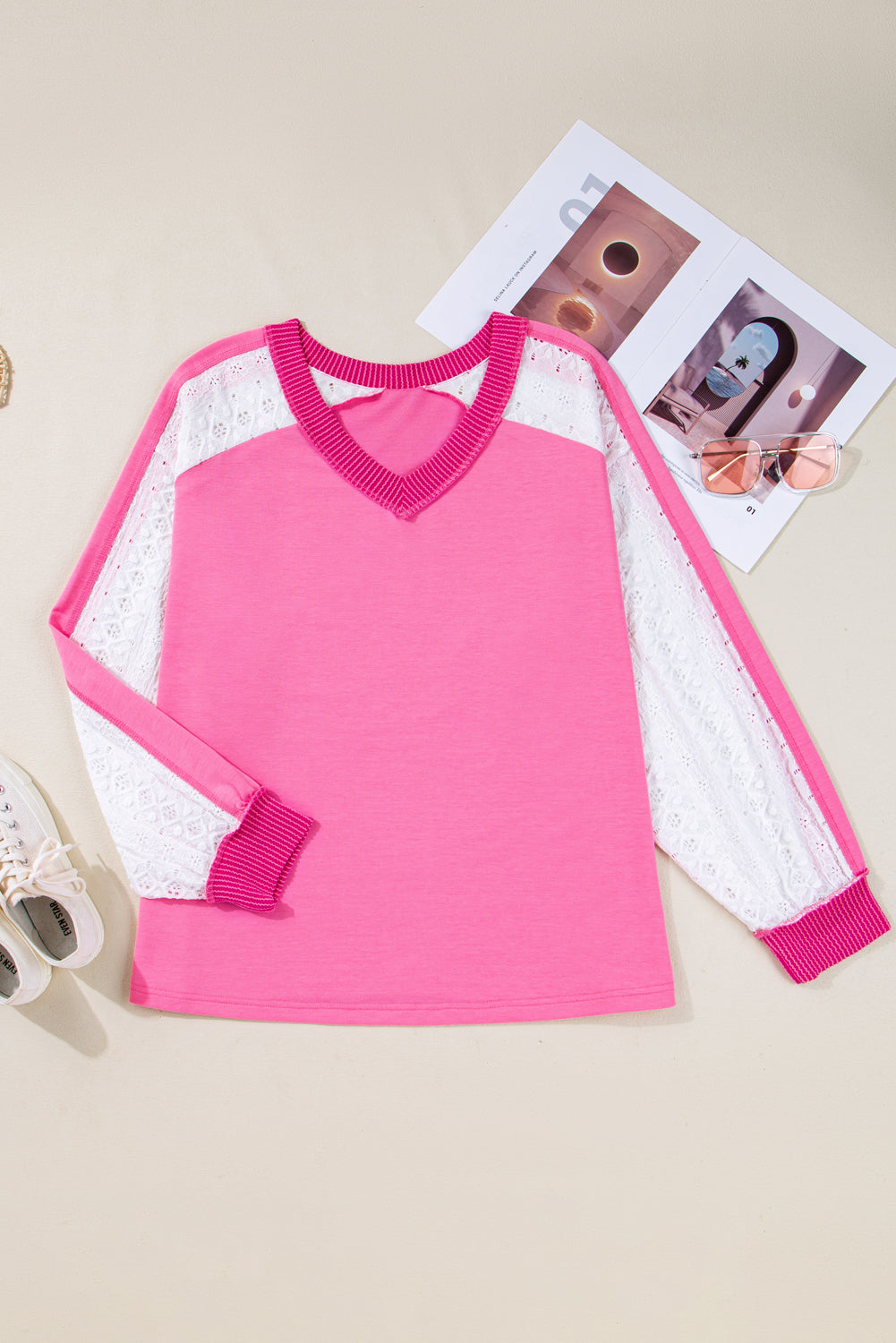 Lace Patchwork Long Sleeve V-Neck Top