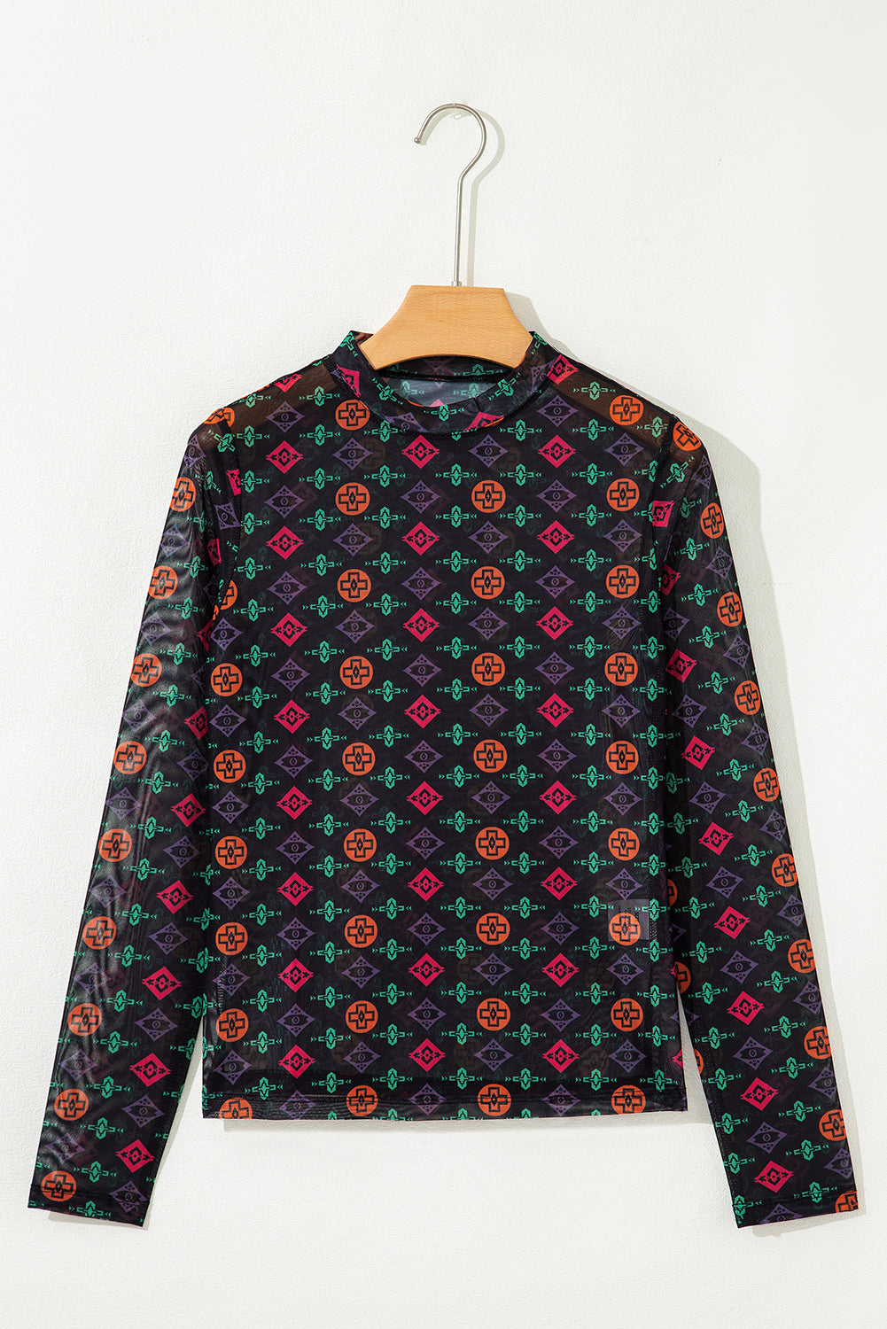 Black Aztec Print Long Sleeve Mesh Top
