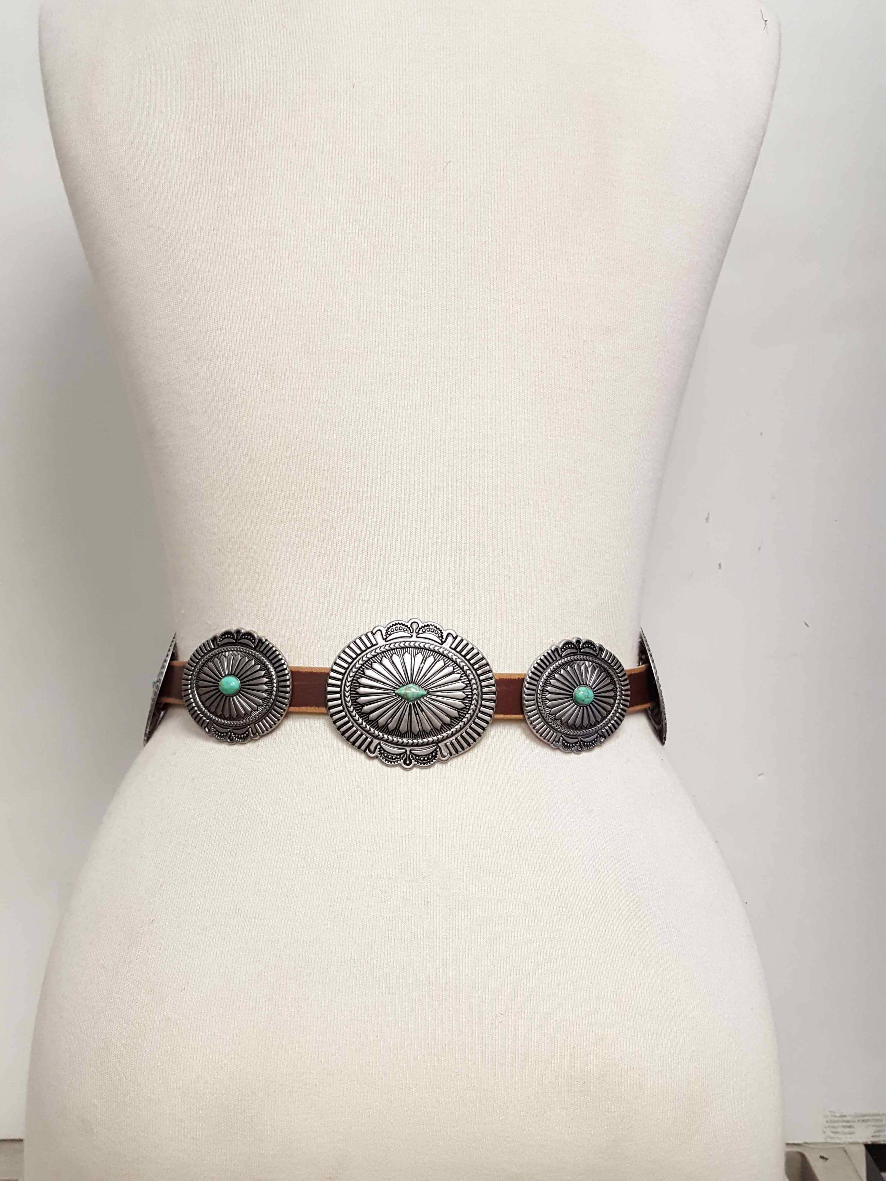 Genuine Distressed Leather Concho Belt with Faux Turquoise