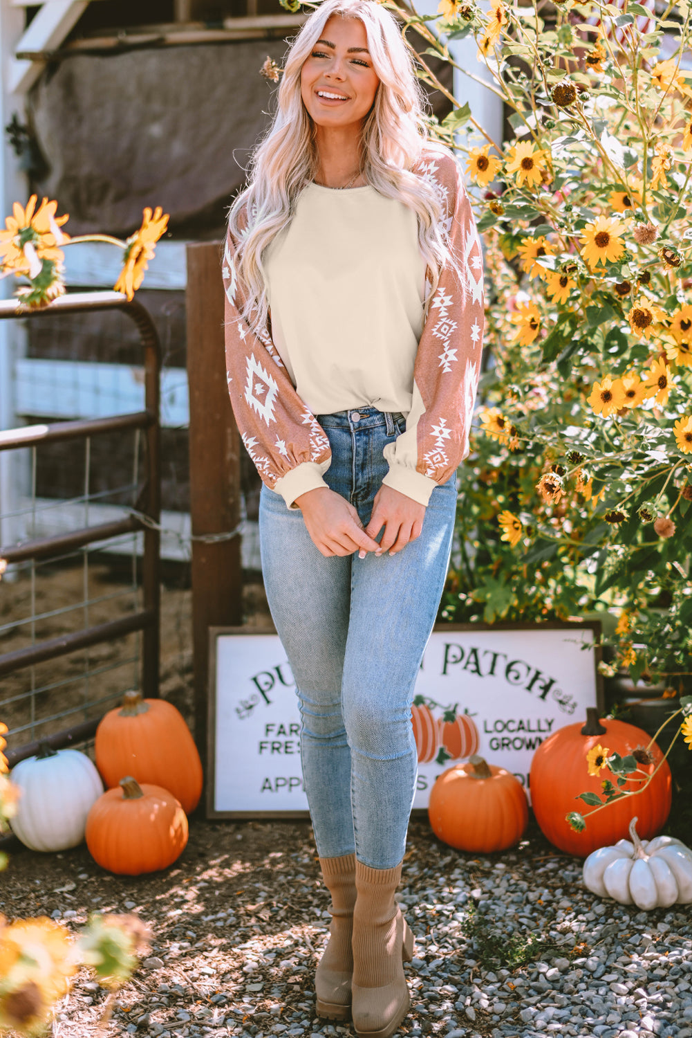 Mila Western Print Patch Long Sleeve Top