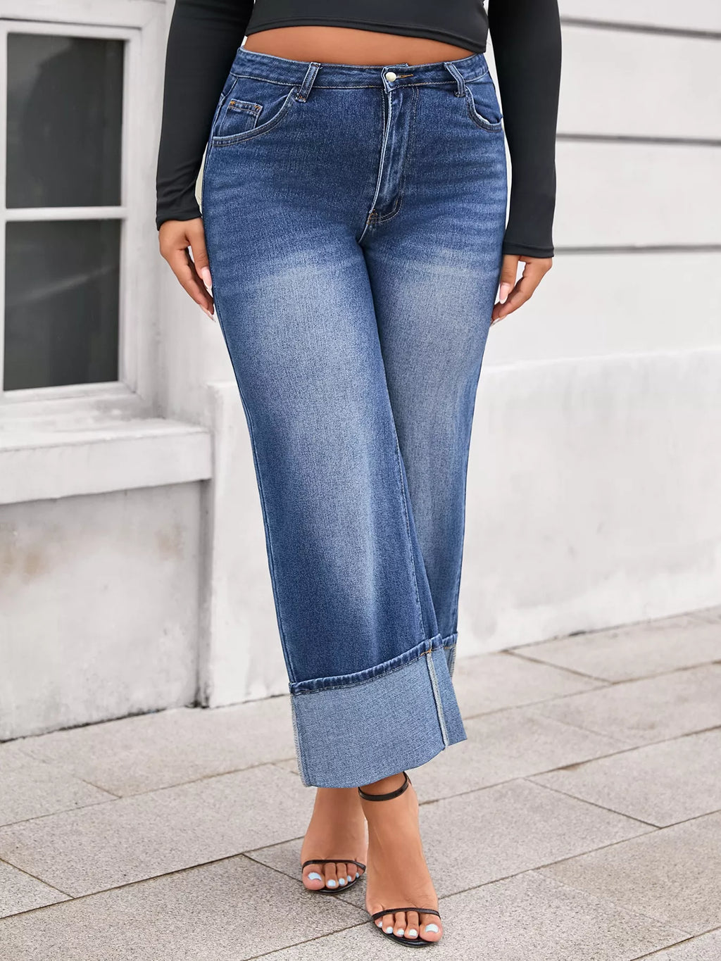 High Waist Cuffed Wide Leg Jeans