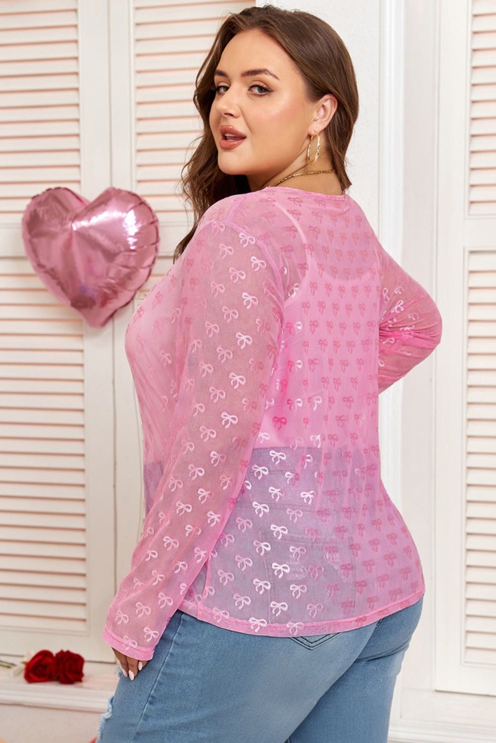 Bow Tie Mesh Embroidered Long Sleeve Top