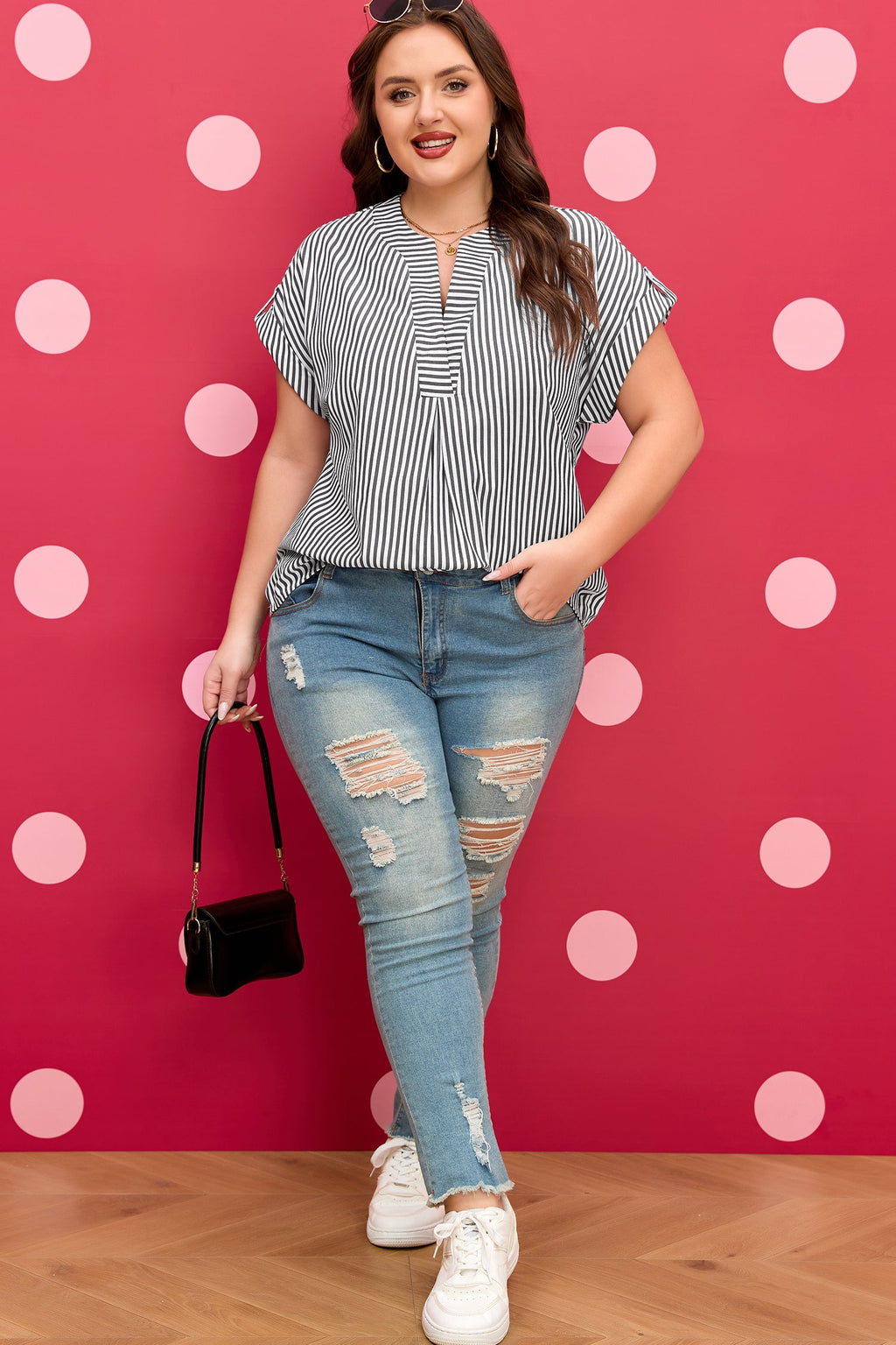 Stripe V-Neck Dolman Sleeve Blouse