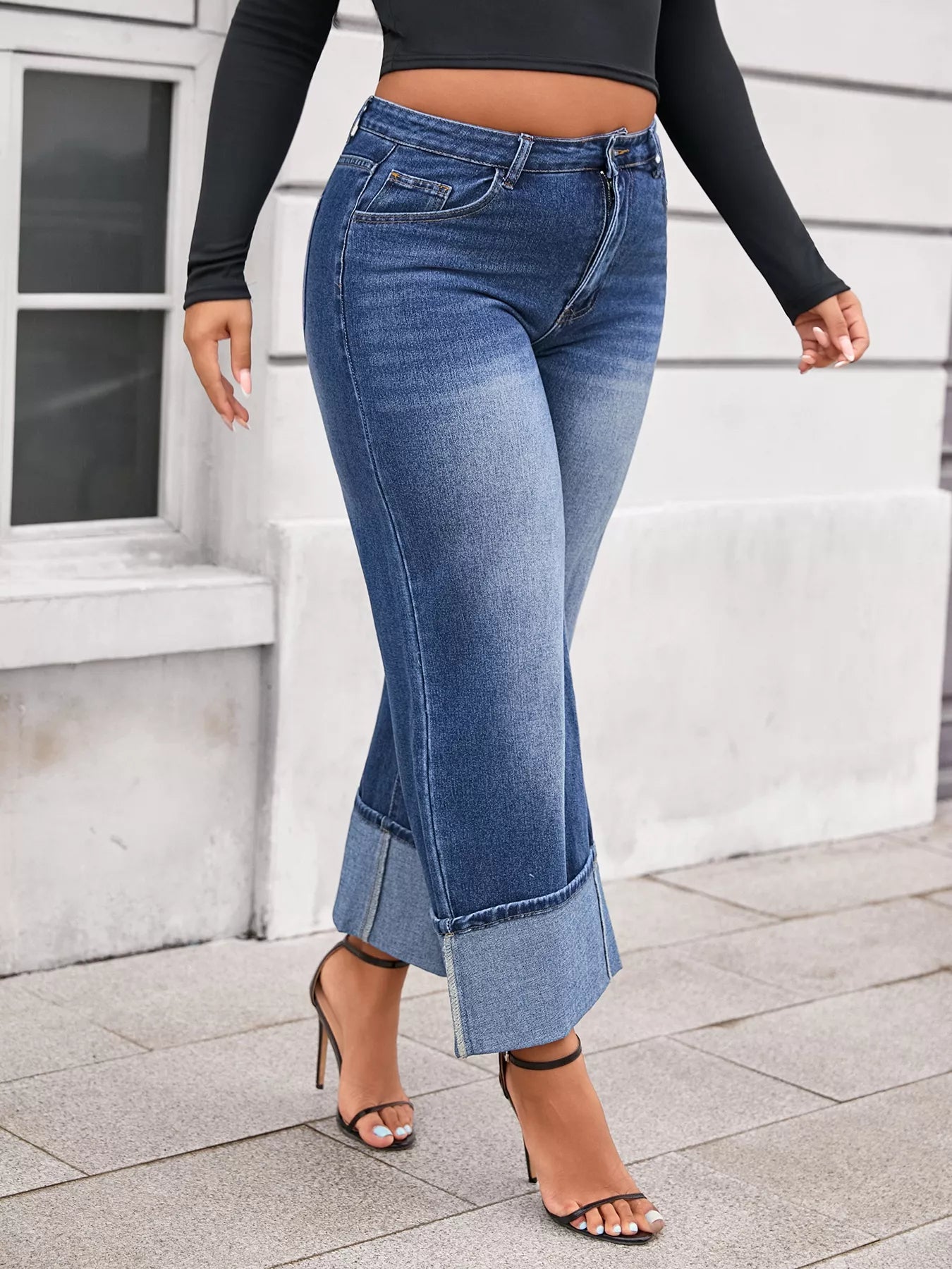 High Waist Cuffed Wide Leg Jeans