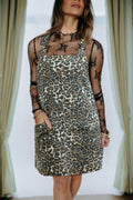Leopard Print Pocketed Denim Overall Dress