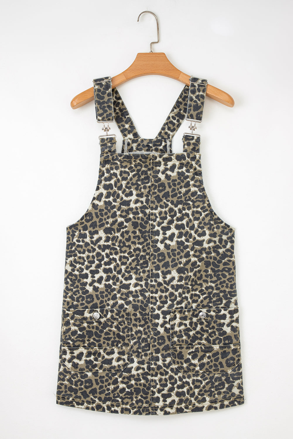 Leopard Print Pocketed Denim Overall Dress