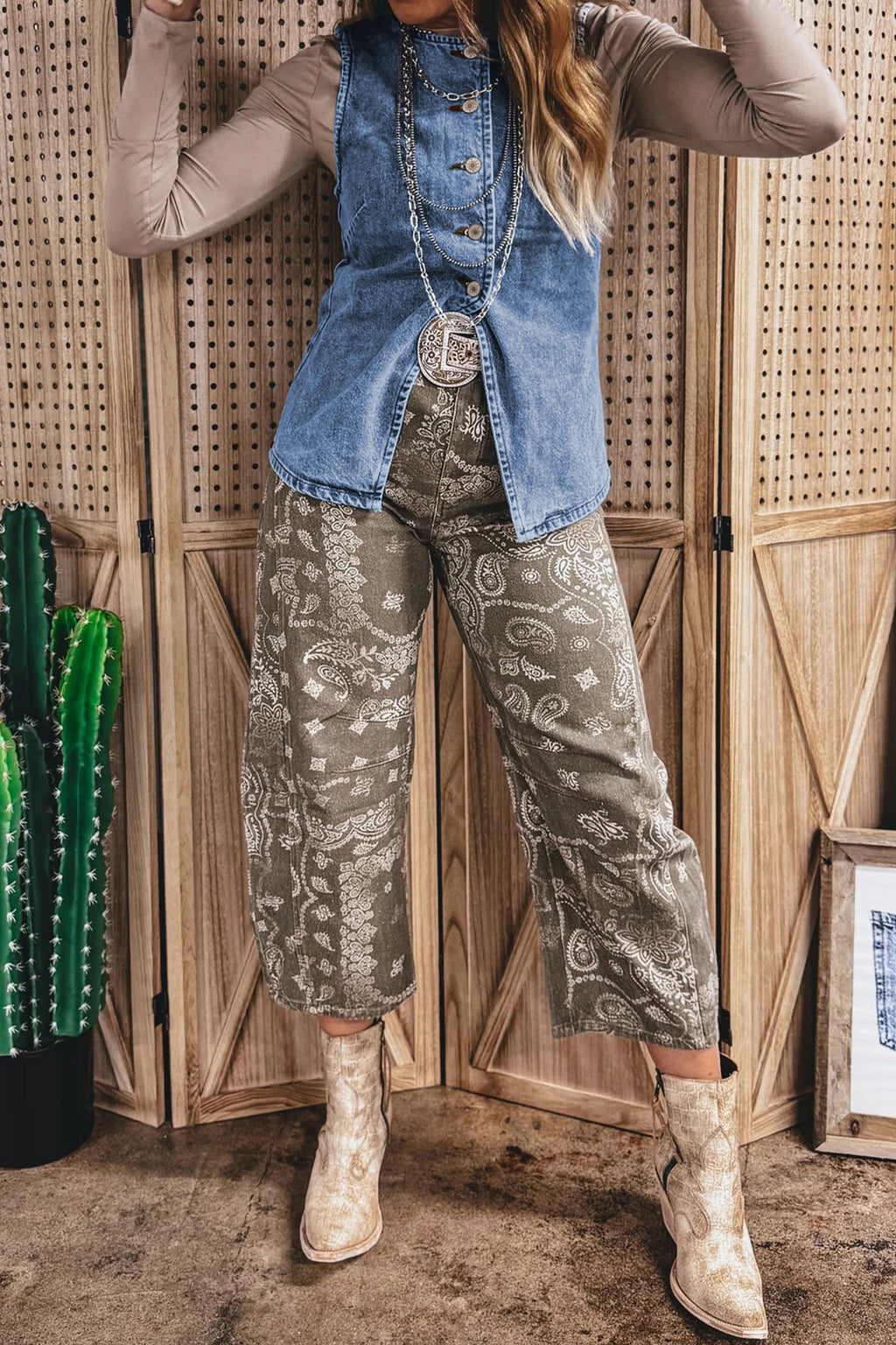 Western Denim Button-Front Slit Sleeveless Vest