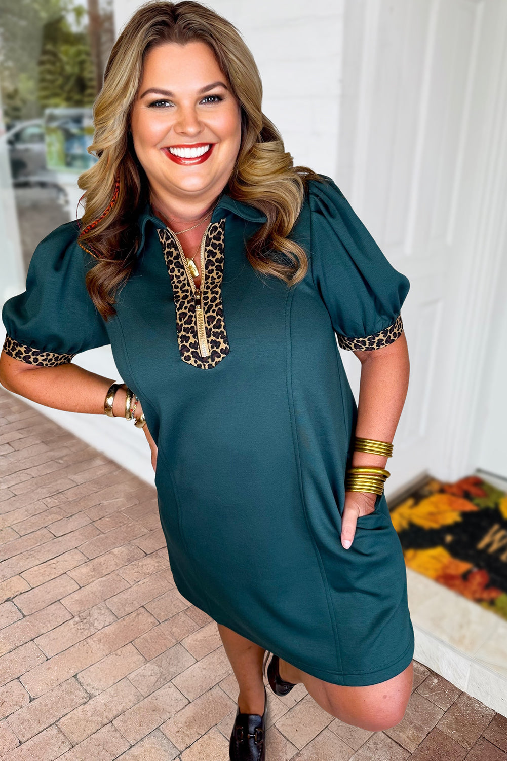 Leopard Patchwork Quarter-Zip Collared Mini Dress