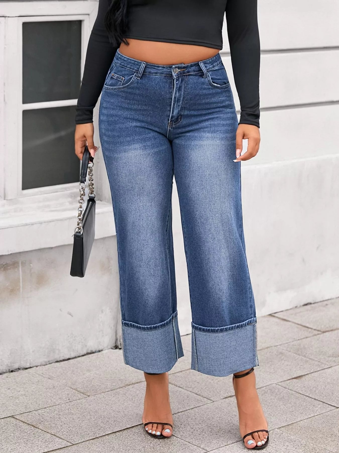 High Waist Cuffed Wide Leg Jeans