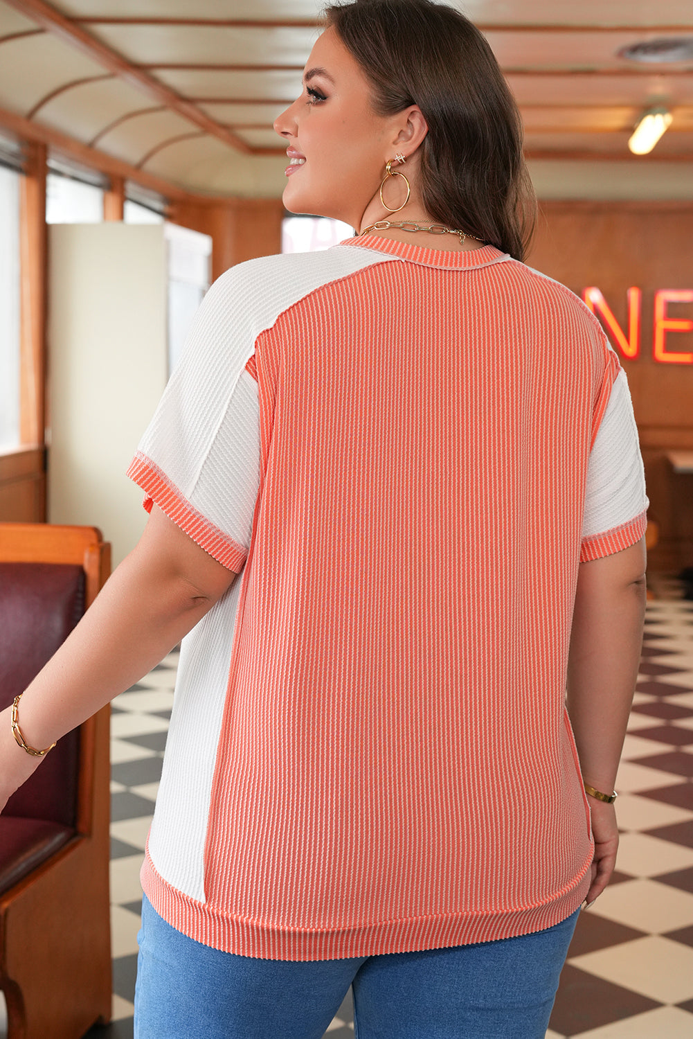 Colorblock Corded Knit Crewneck Top