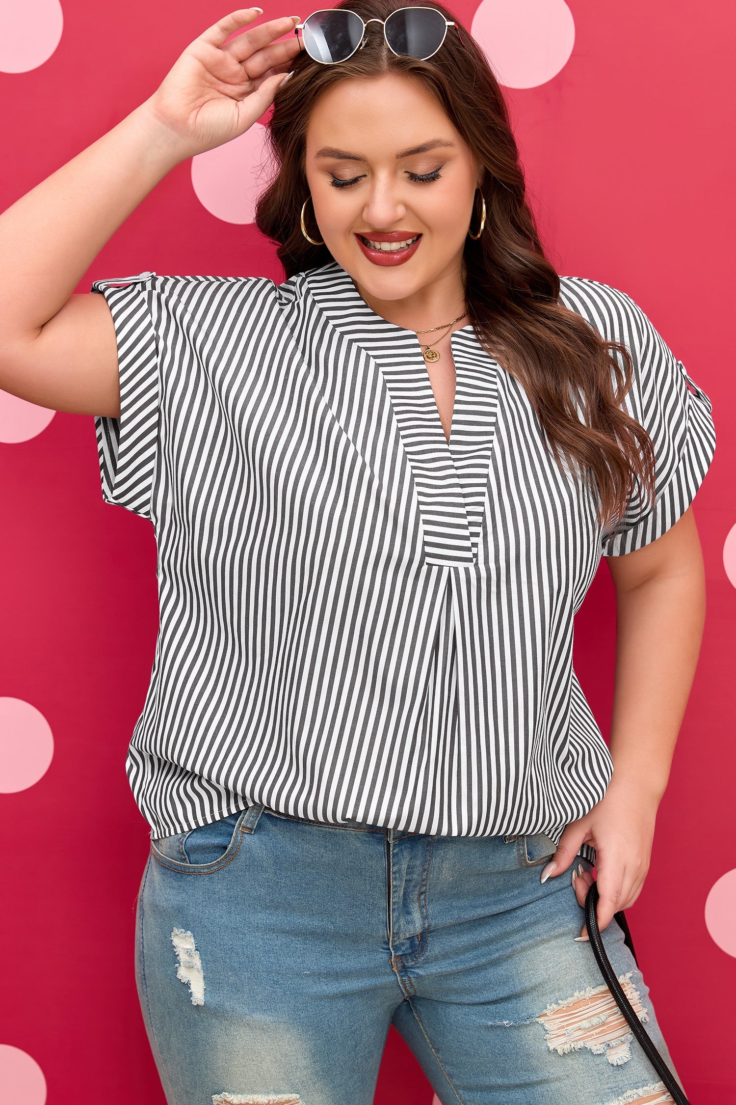 Stripe V-Neck Dolman Sleeve Blouse