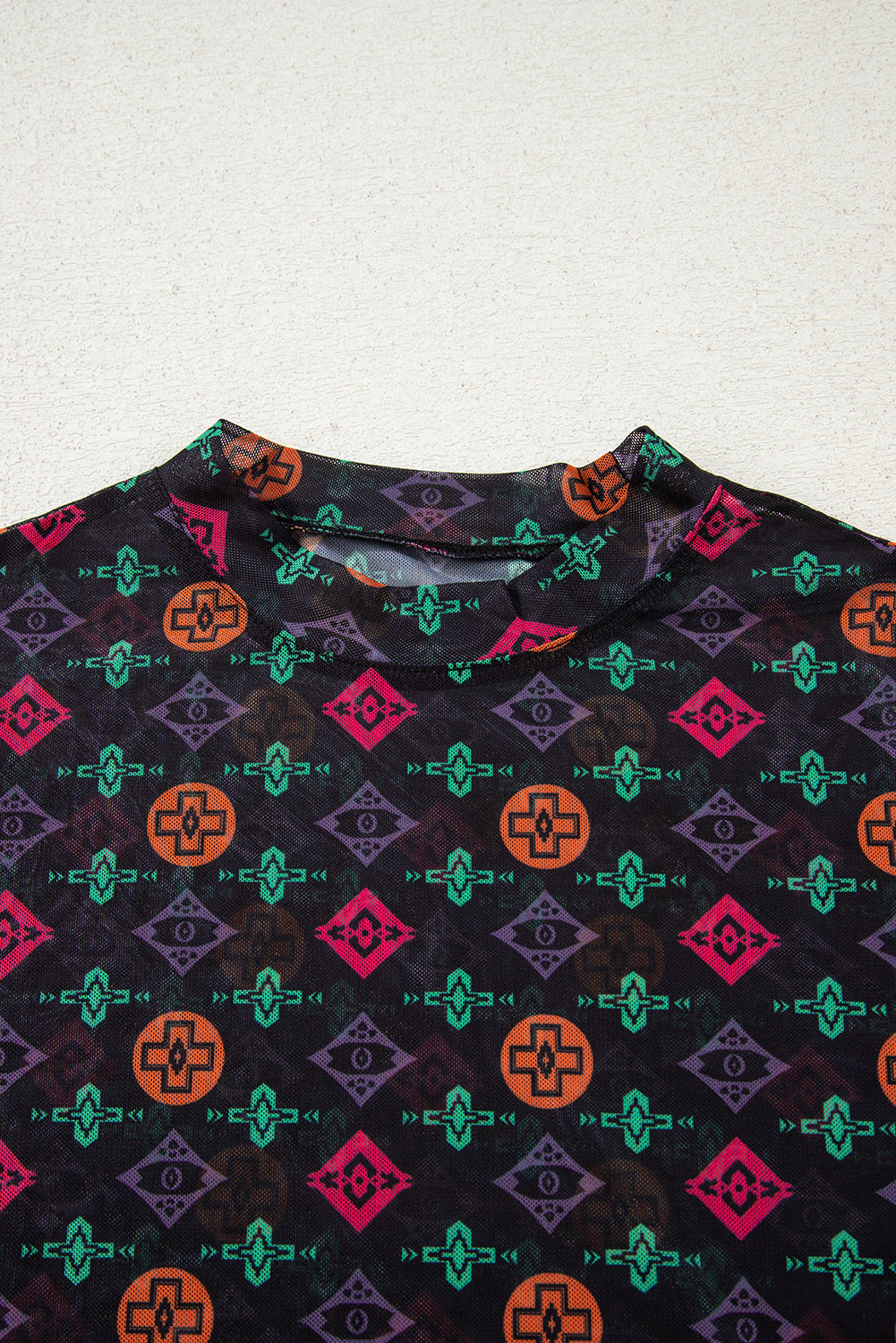Black Aztec Print Long Sleeve Mesh Top