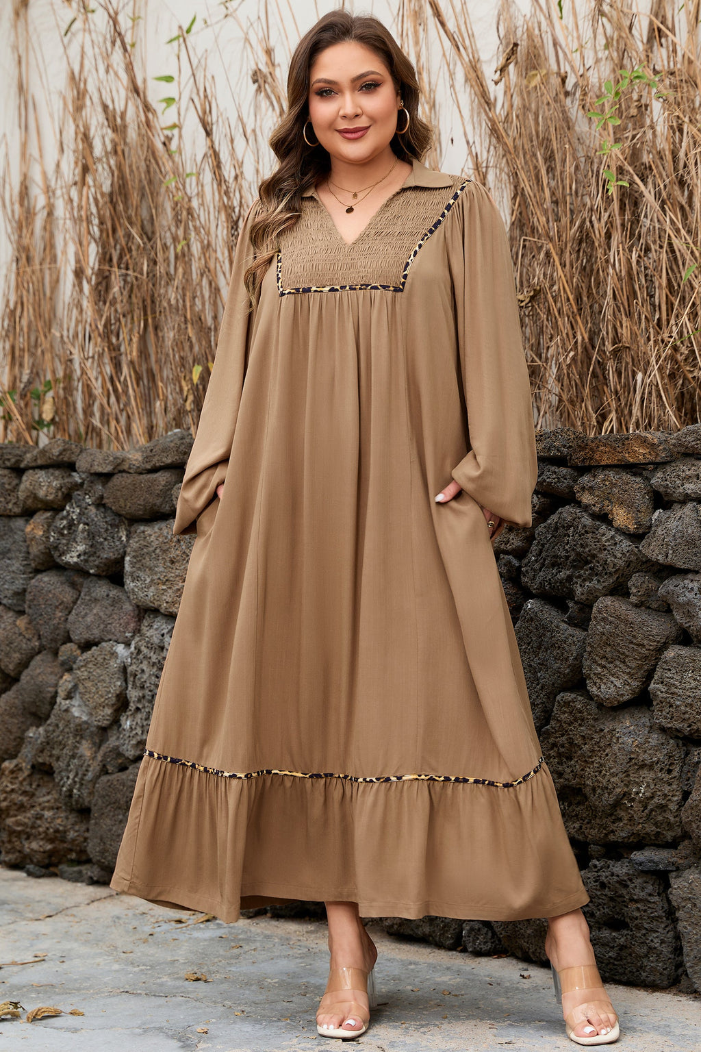 Plus Size Smocked V-Neck Leopard Piping Maxi Dress