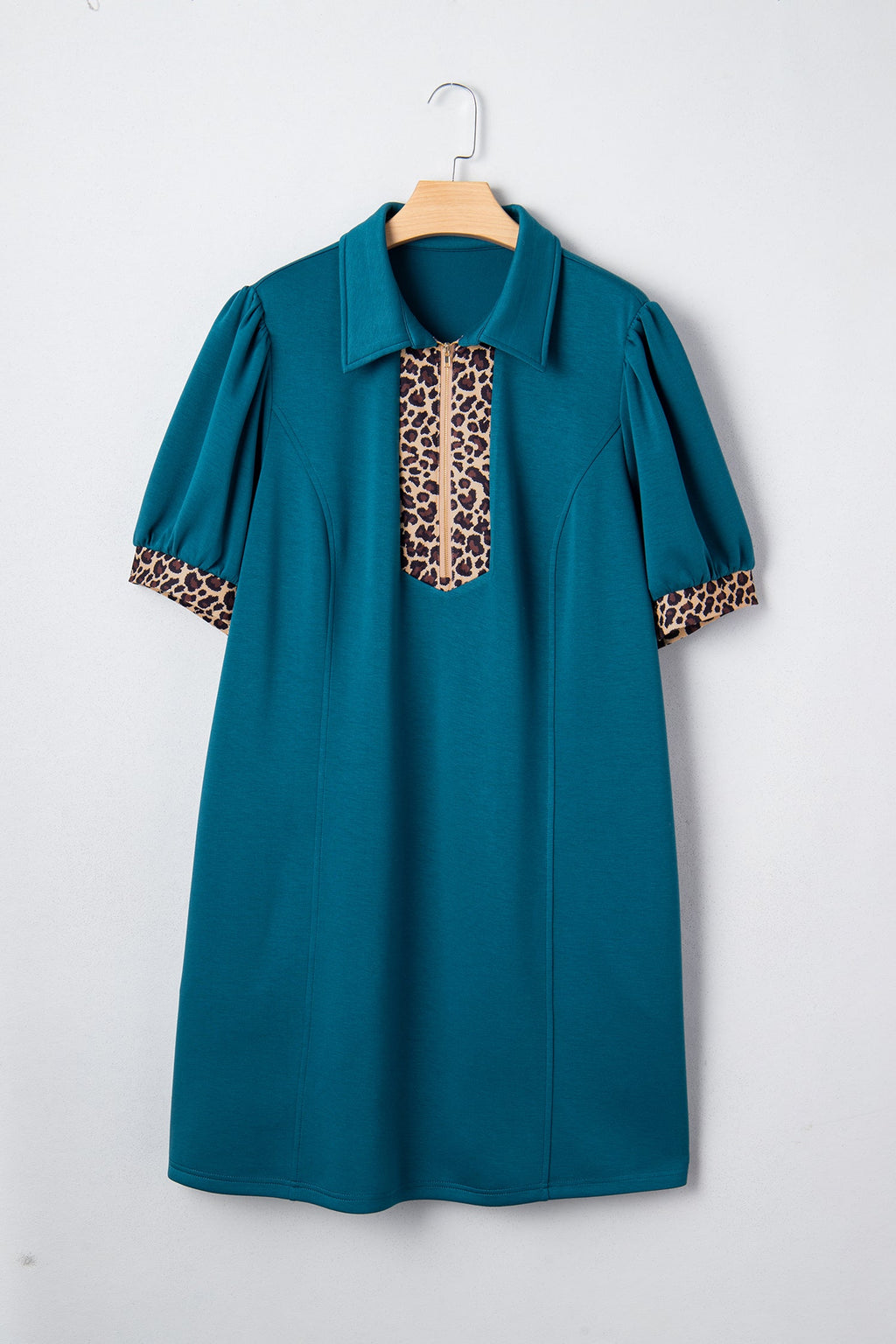 Leopard Patchwork Quarter-Zip Collared Mini Dress