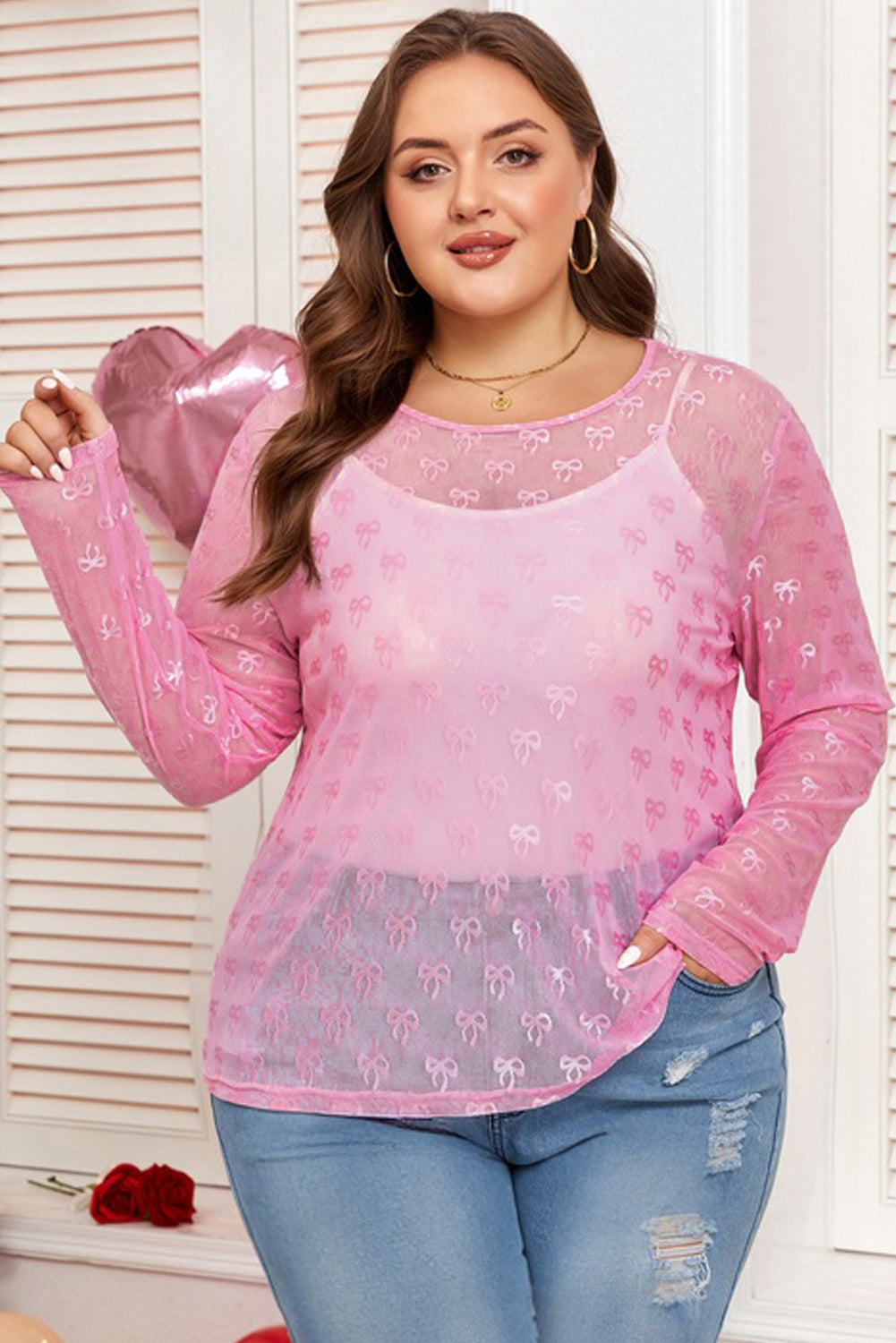 Bow Tie Mesh Embroidered Long Sleeve Top