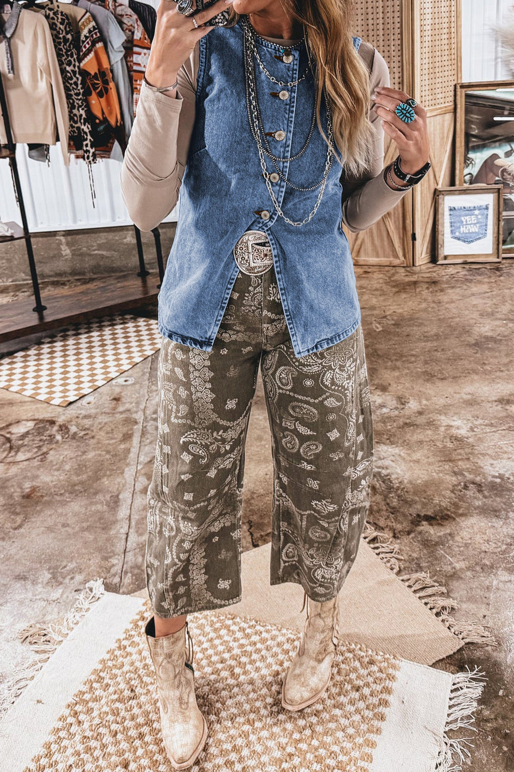 Western Denim Button-Front Slit Sleeveless Vest