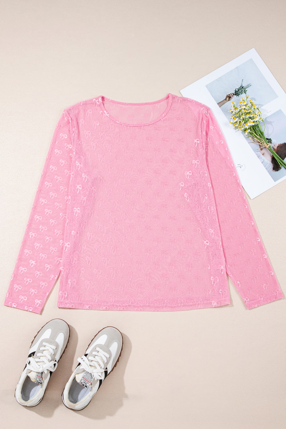 Bow Tie Mesh Embroidered Long Sleeve Top