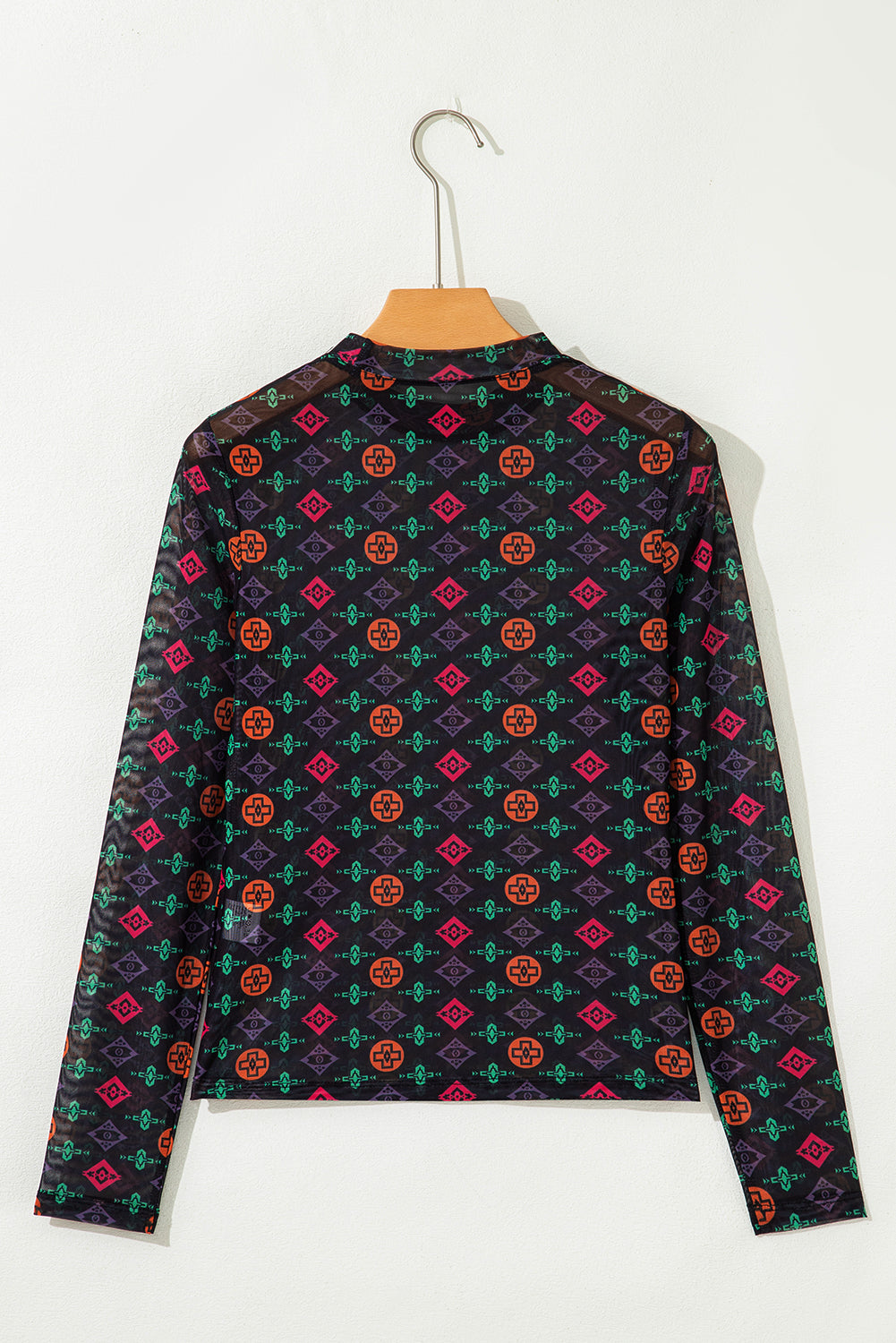 Black Aztec Print Long Sleeve Mesh Top