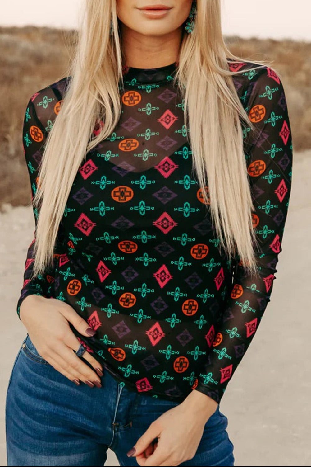 Black Aztec Print Long Sleeve Mesh Top