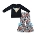 Girls' Black Highland Cow Top & Bell Bottom Pants Set