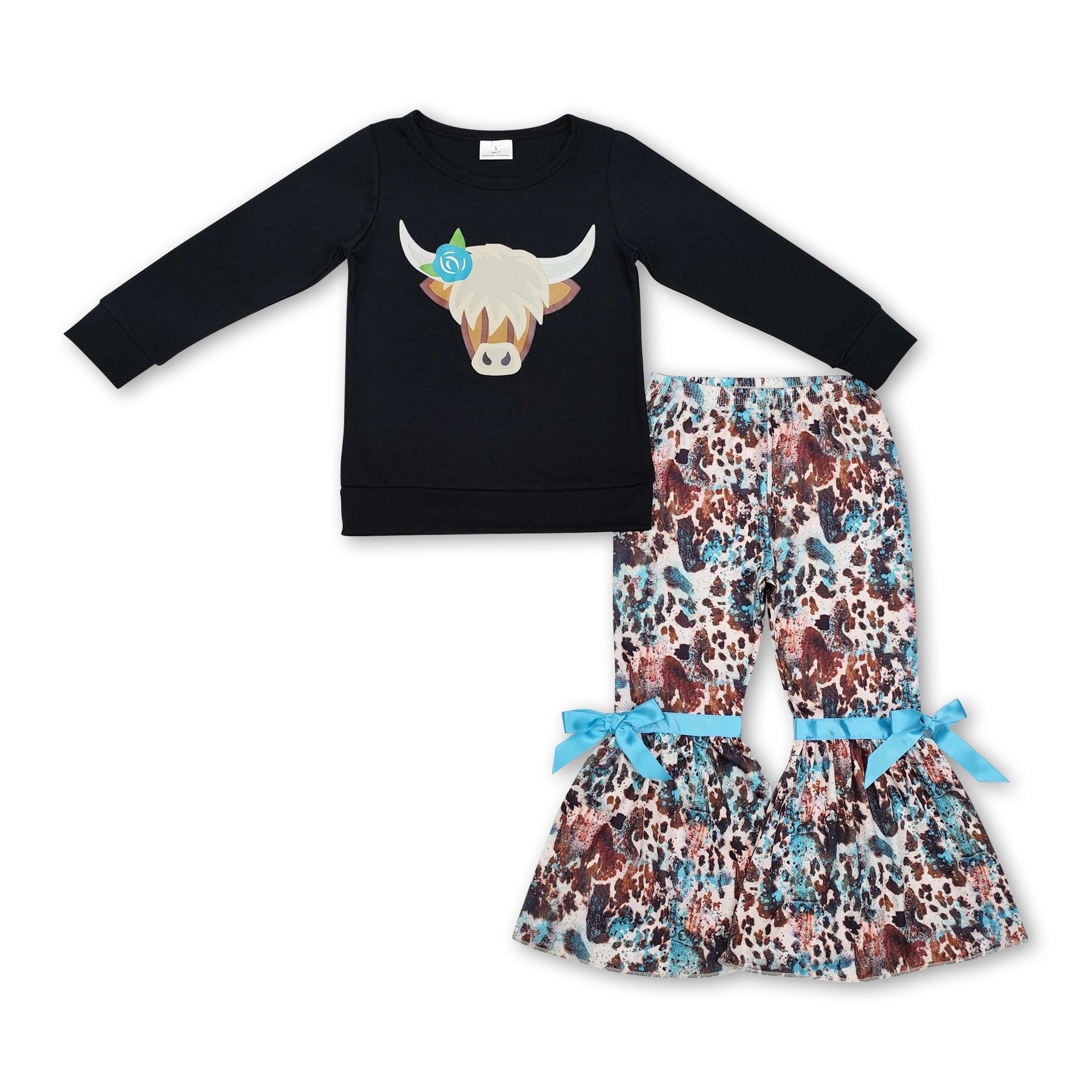 Girls' Black Highland Cow Top & Bell Bottom Pants Set