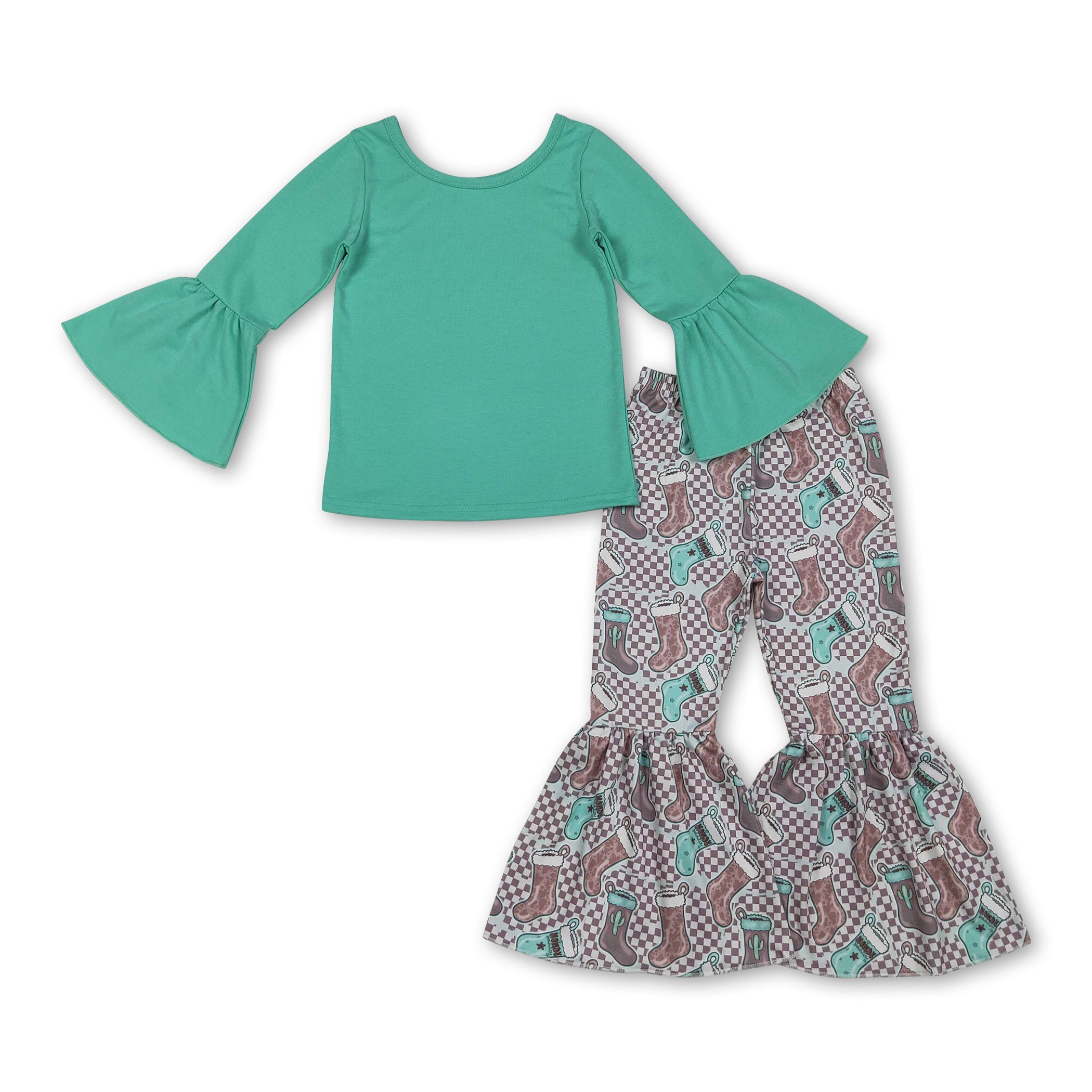Girls' Long Sleeve Cotton Top & Cactus Boots Western Outfit