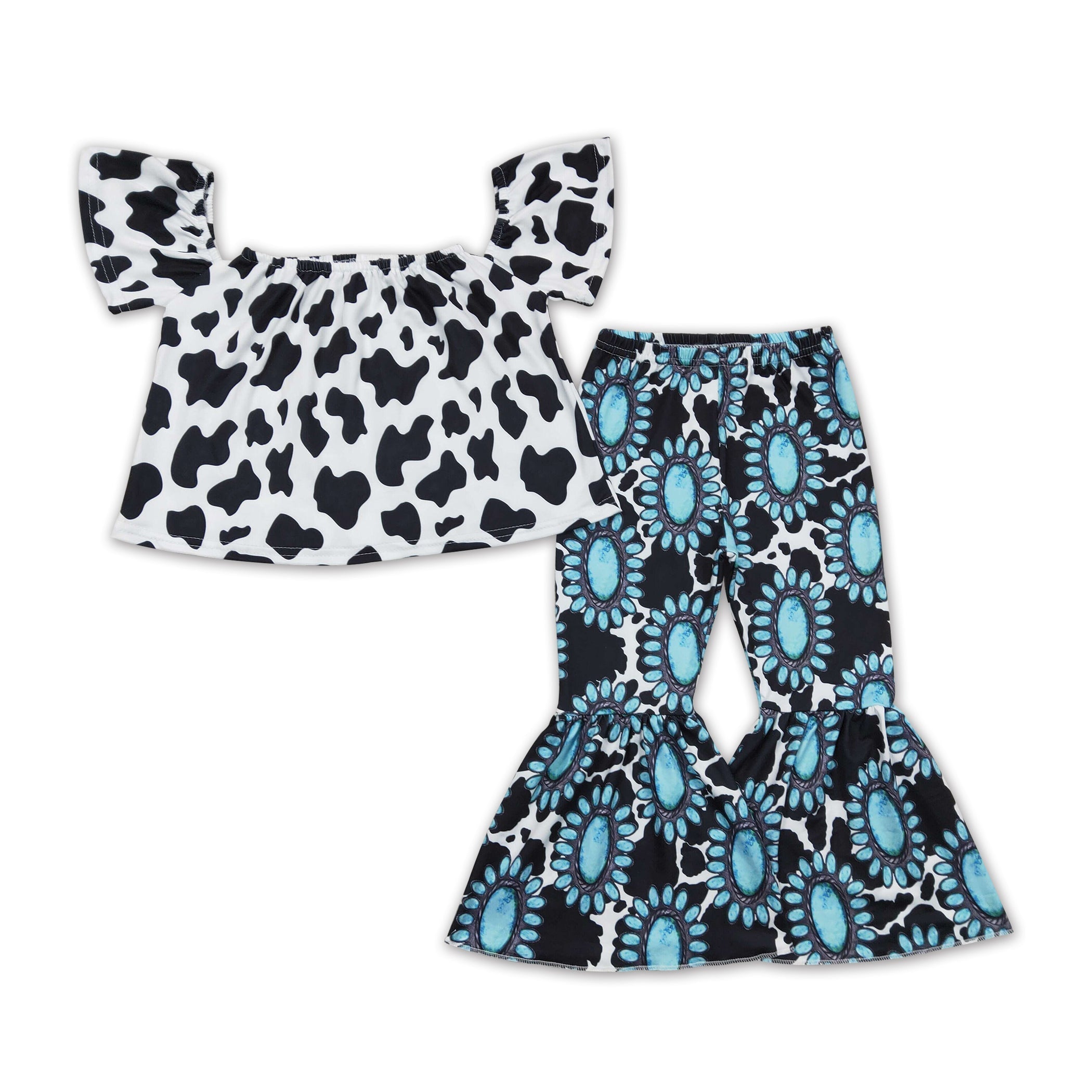 Girls' Cow Print Top & Turquoise Bell Bottom Pants Set