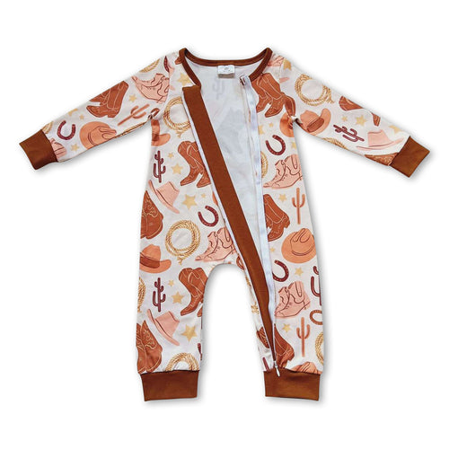 Baby Western Zipper Romper – Boots, Hat & Cactus Print