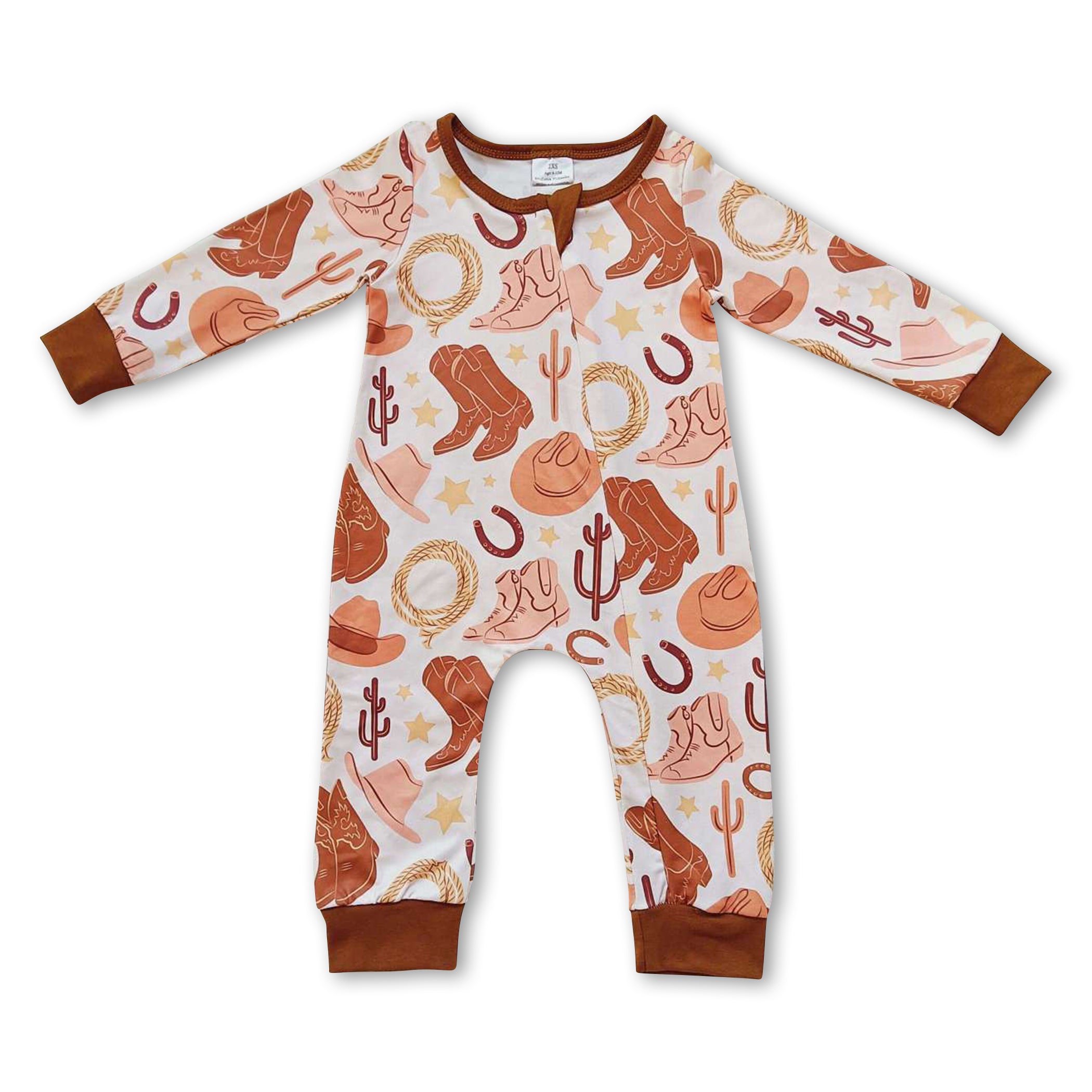 Baby Western Zipper Romper – Boots, Hat & Cactus Print