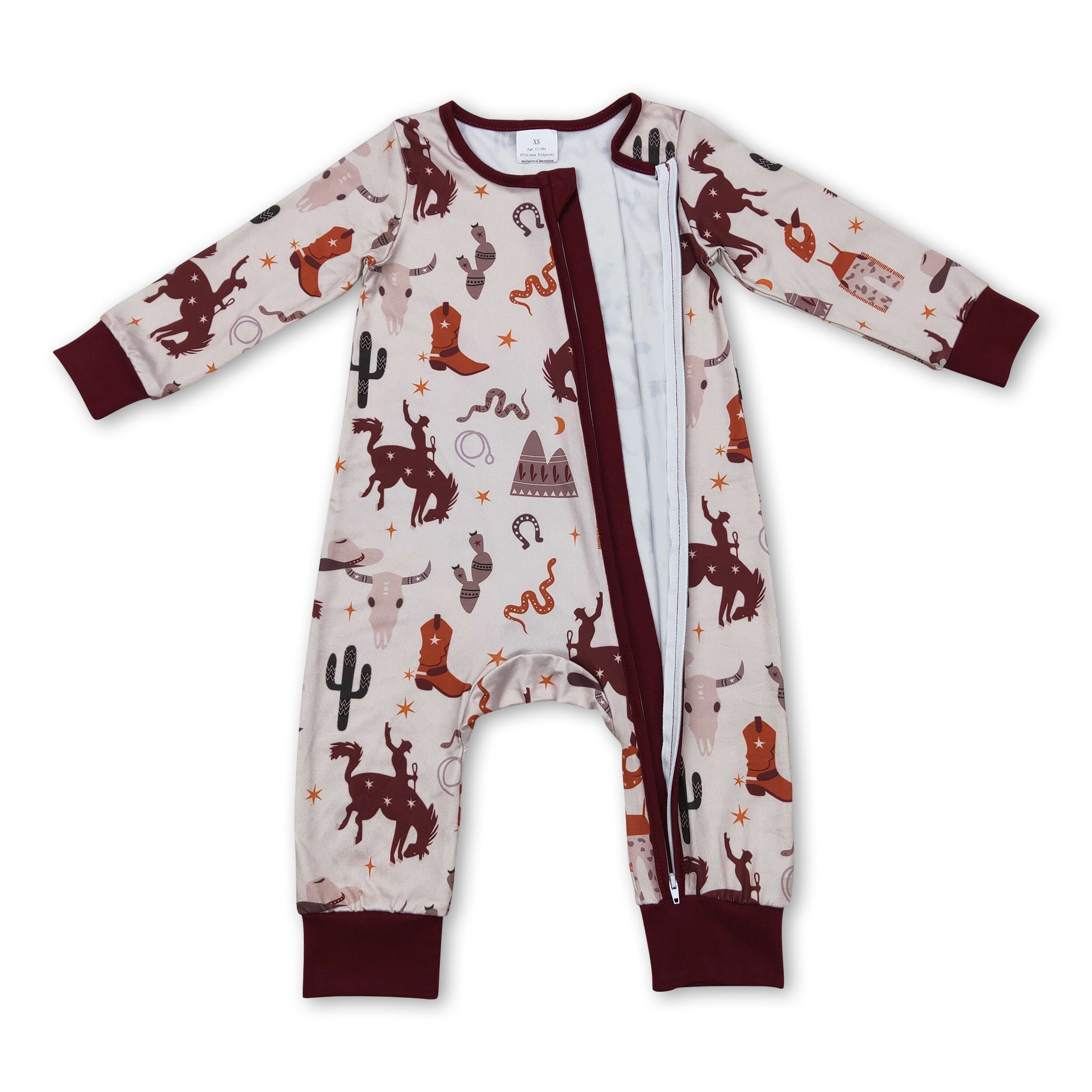 Baby Western Zipper Romper – Cactus, Boots & Rodeo Print