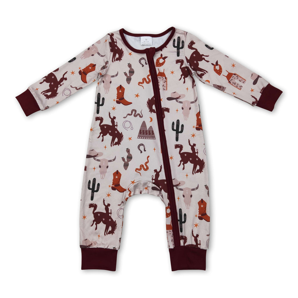 Baby Western Zipper Romper – Cactus, Boots & Rodeo Print