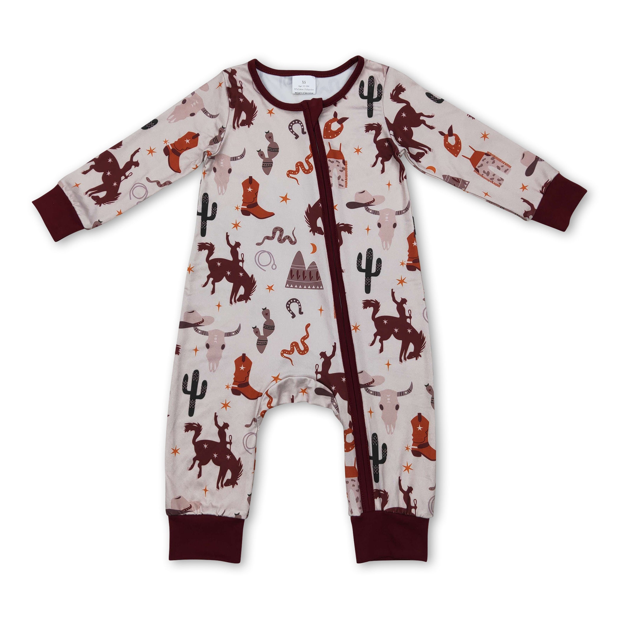 Baby Western Zipper Romper – Cactus, Boots & Rodeo Print