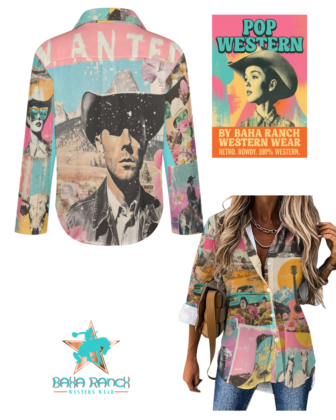 Baha Ranch Pop Western Wanted Button-Up Blouse