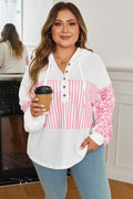 Stripe Leopard Patchwork Waffle Knit Buttoned Hoodie