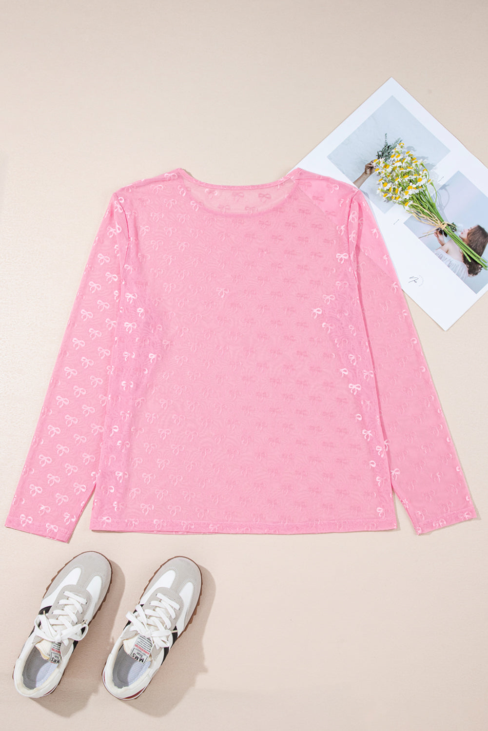 Bow Tie Mesh Embroidered Long Sleeve Top