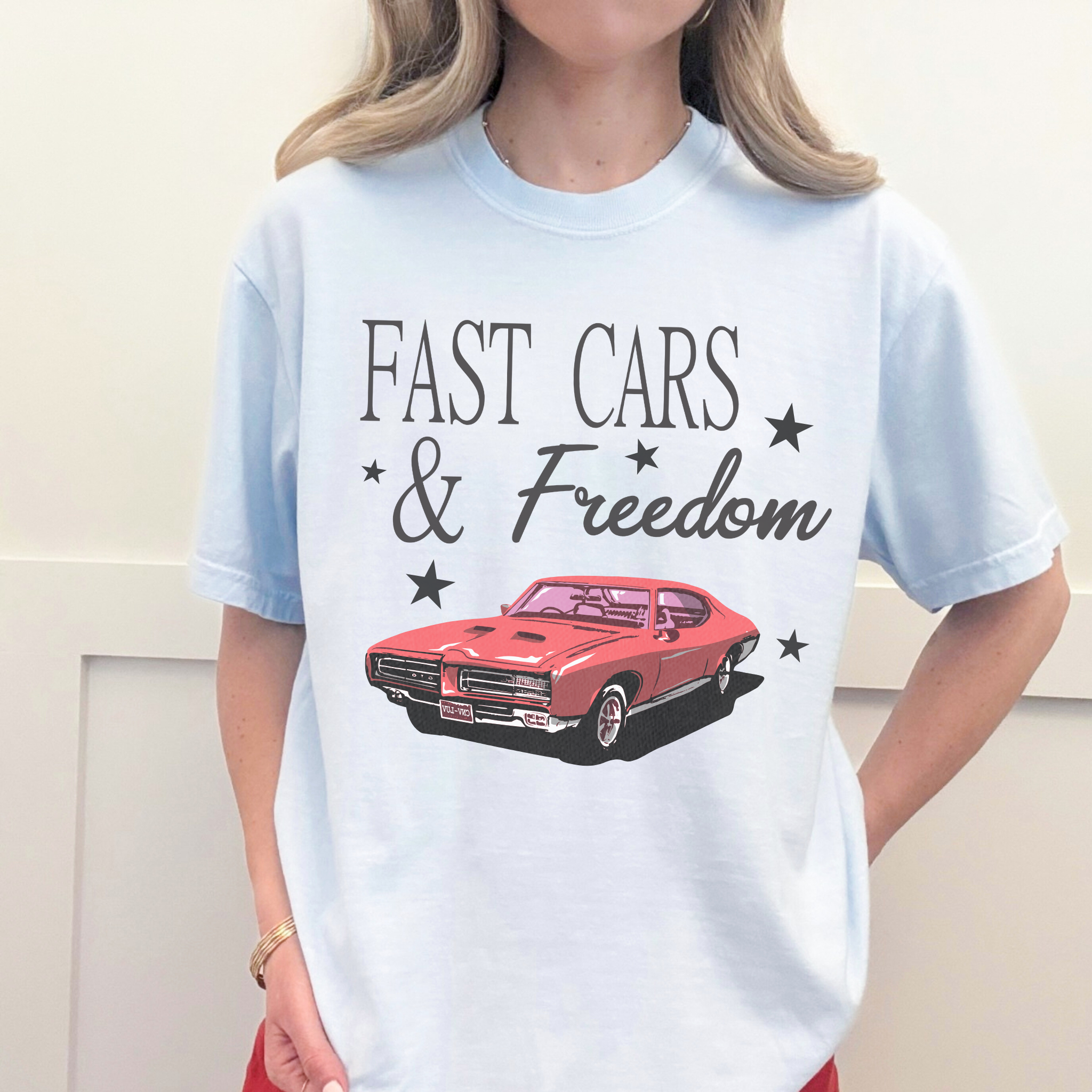 Fast Cars & Freedom Graphic Tee – Vintage Americana Muscle Car Shirt