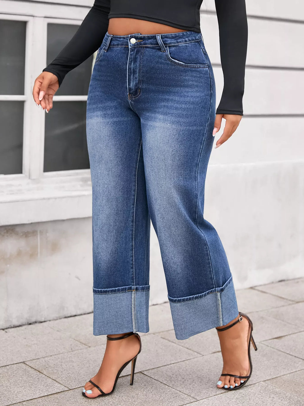 High Waist Cuffed Wide Leg Jeans