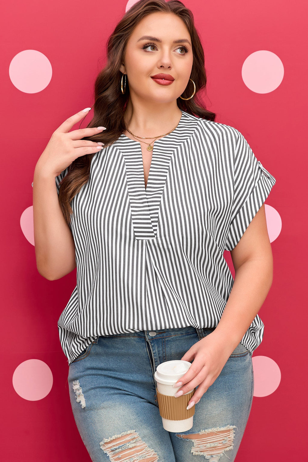 Stripe V-Neck Dolman Sleeve Blouse