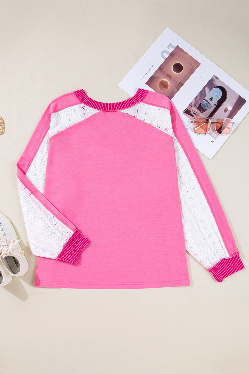 Lace Patchwork Long Sleeve V-Neck Top