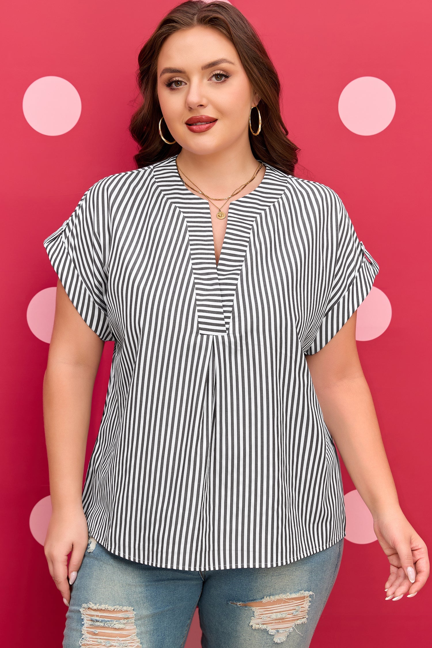 Stripe V-Neck Dolman Sleeve Blouse