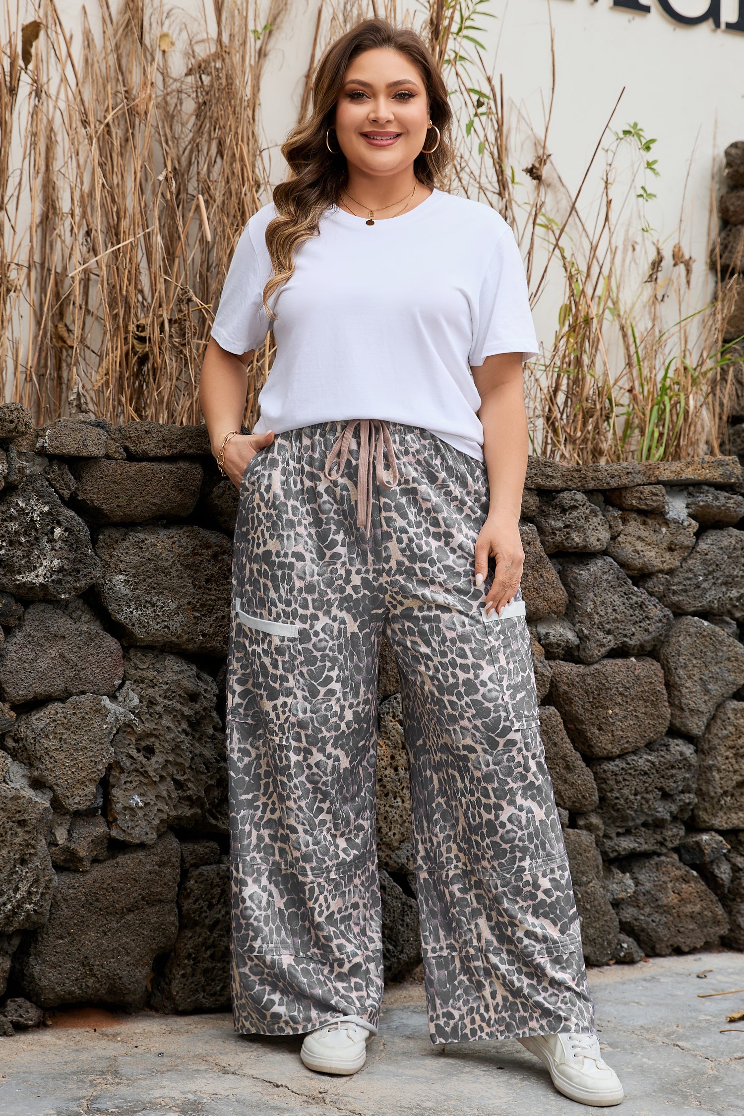 Leopard Patch Pocket Drawstring Pants