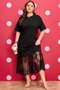 Plus Size Lace Hem Patchwork T-Shirt Midi Dress