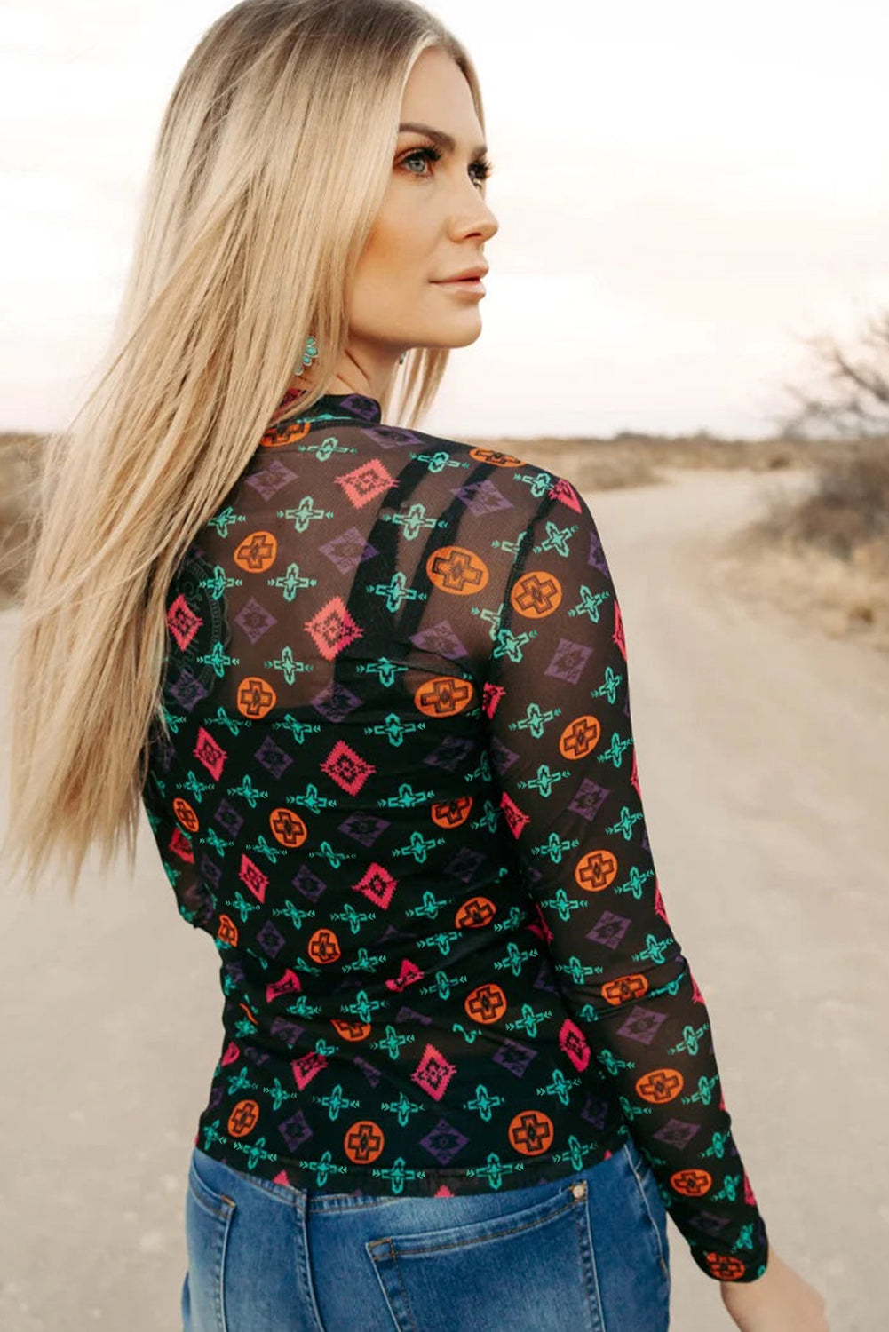 Black Aztec Print Long Sleeve Mesh Top