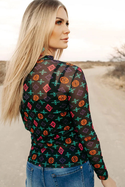 Black Aztec Print Long Sleeve Mesh Top