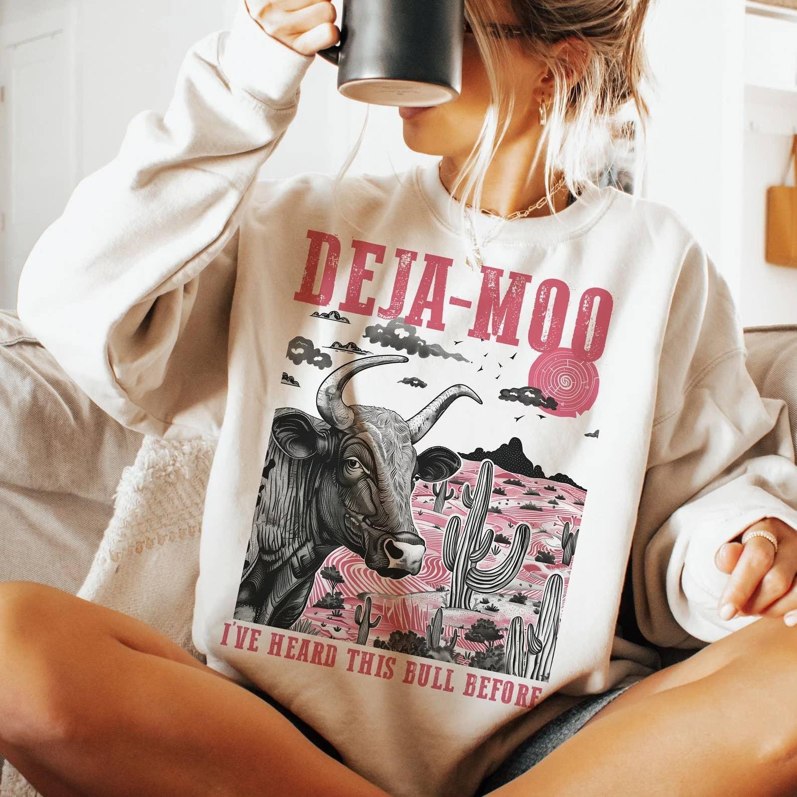 Deja Moo "I’ve Heard This Bull Before" Crewneck Sweatshirt | Funny Cow Shirt | Western Graphic Tee | Sarcastic Gift | Bull Design Shirt