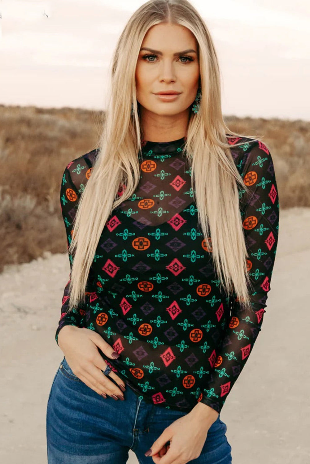 Black Aztec Print Long Sleeve Mesh Top