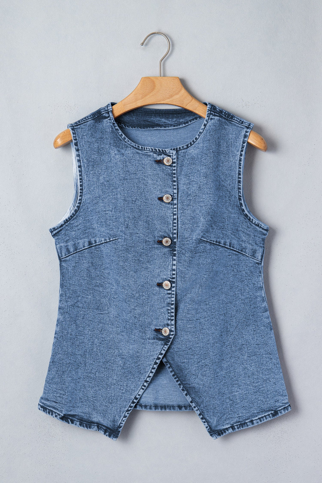Western Denim Button-Front Slit Sleeveless Vest