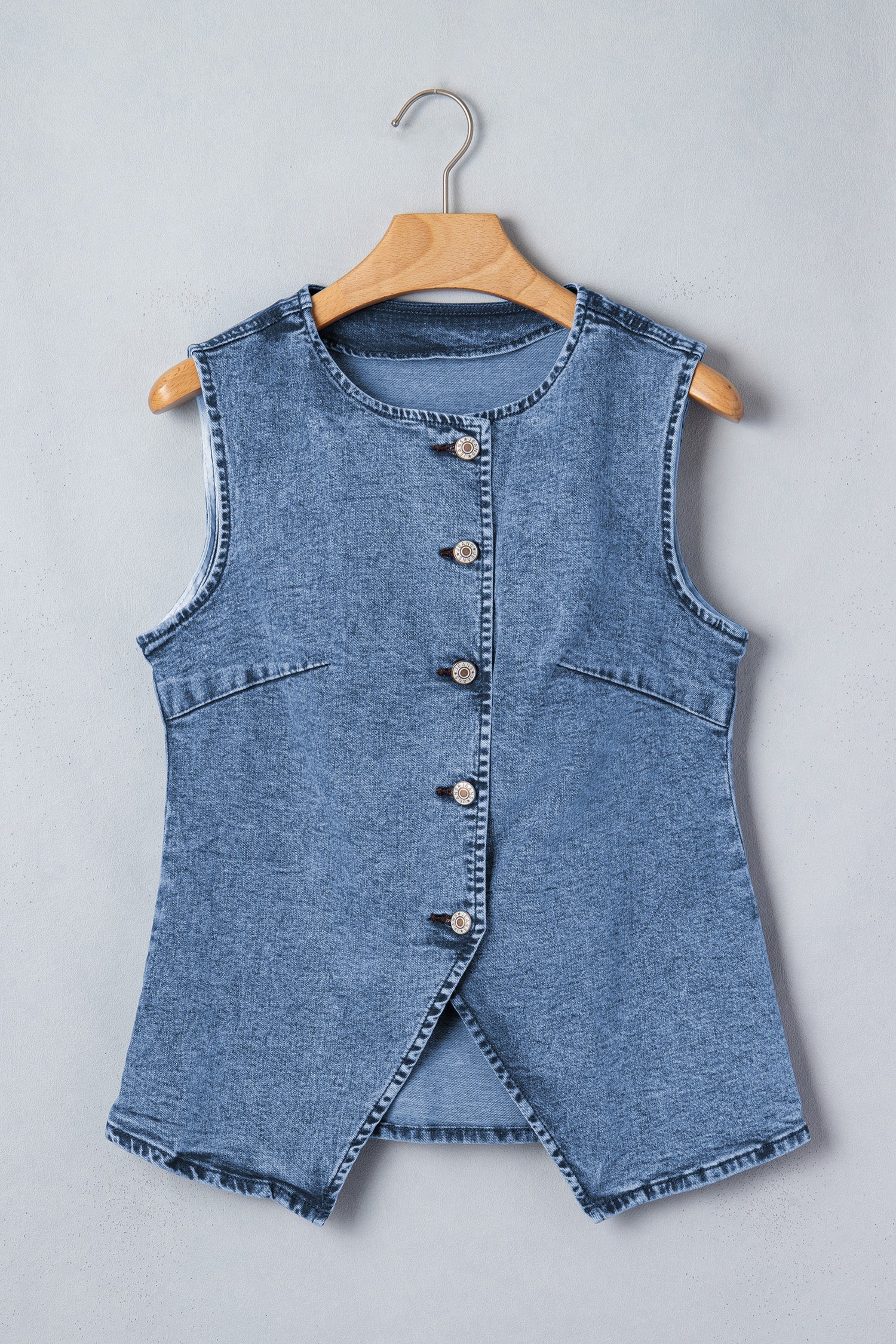 Western Denim Button-Front Slit Sleeveless Vest