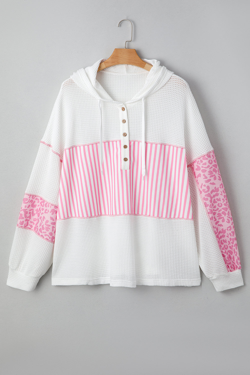 Stripe Leopard Patchwork Waffle Knit Buttoned Hoodie