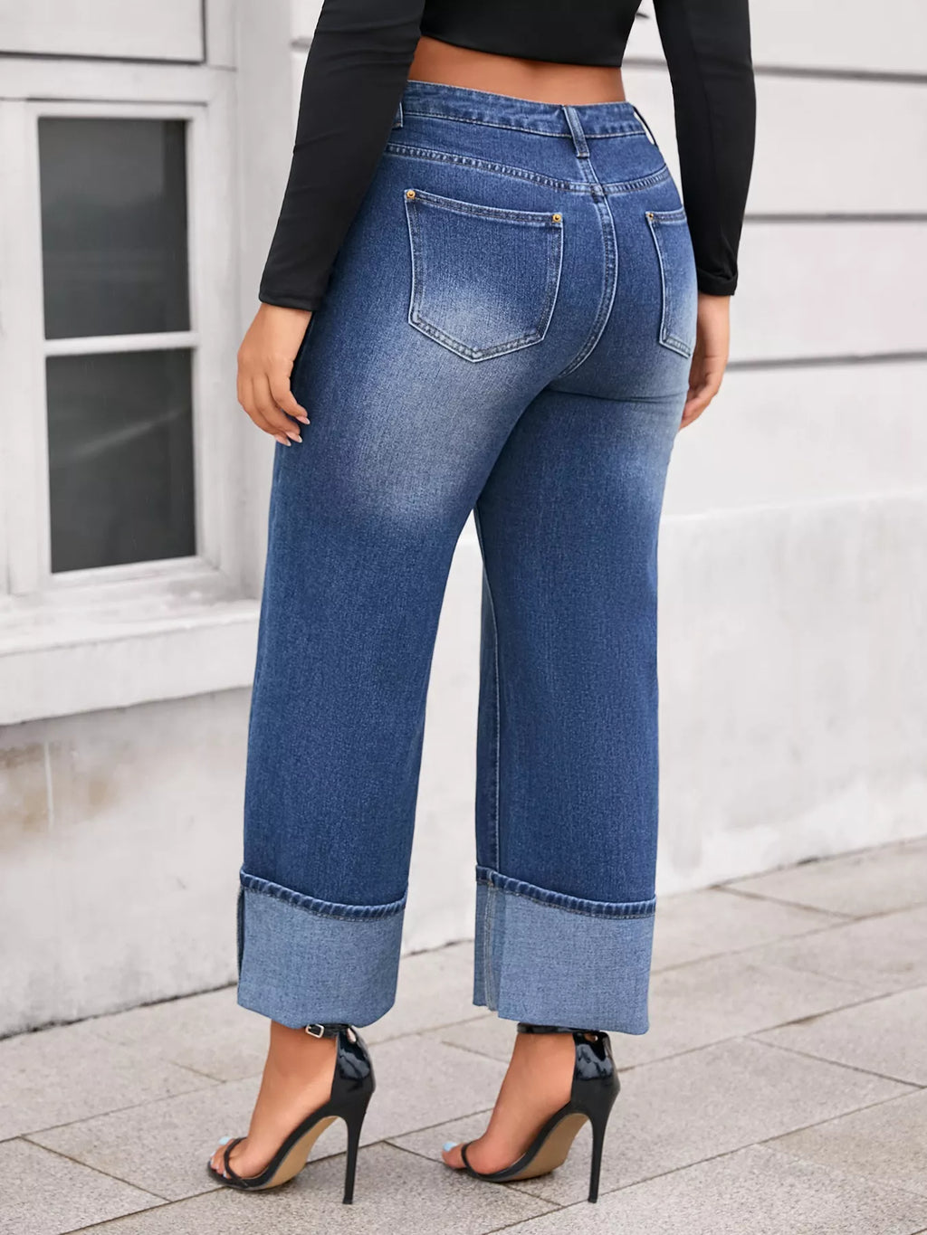 High Waist Cuffed Wide Leg Jeans